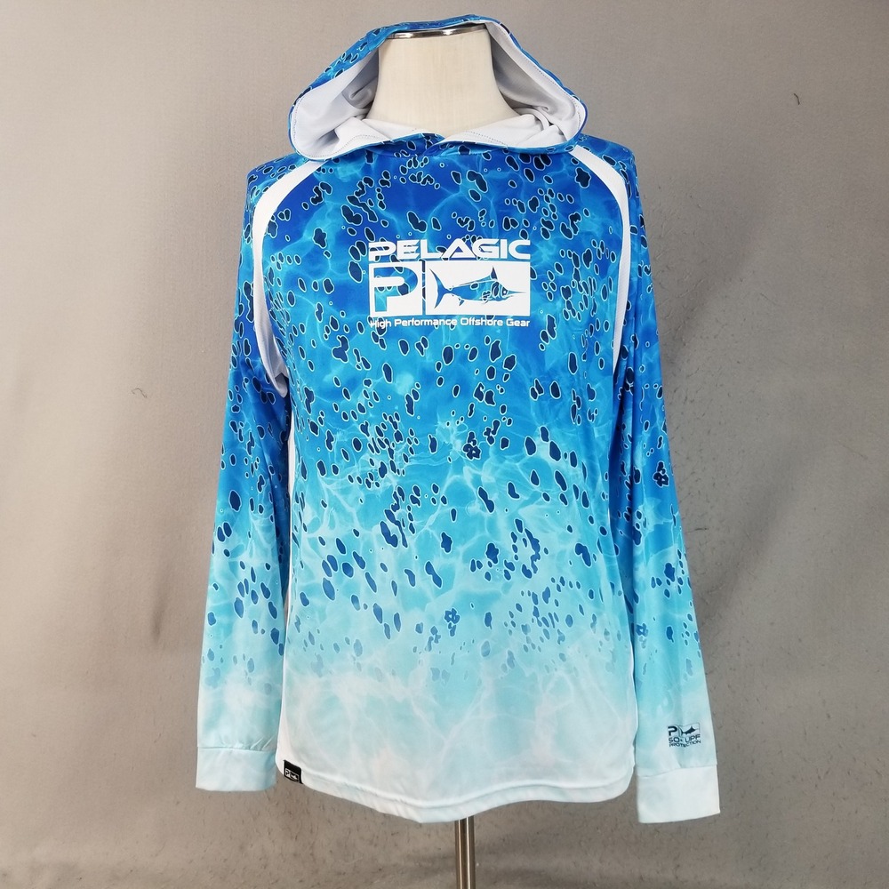 Pelagic Fishing Hoodie Mens Medium Blue VaporTek Offshore Gear UPF 50+ Sun Shirt